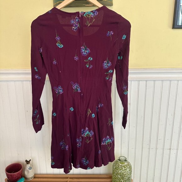 Betsey Johnson Vintage 90s Small Floral Plum Long Sleeve Dress With Tie Front - Picture 1 of 7